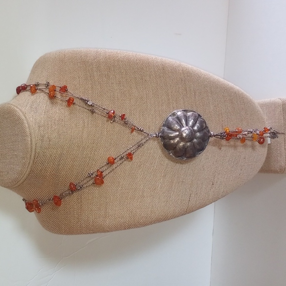 VINTAGE CHINESE AMBER SILVER CUSTOM MADE NECKLACE 24" LONG.